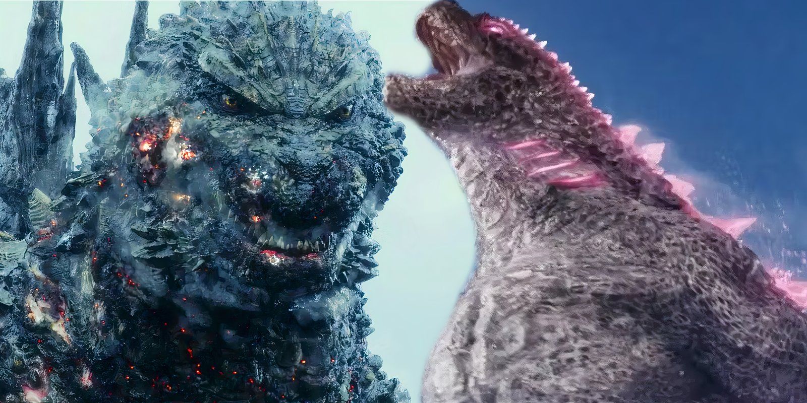 Godzilla angry in Godzilla Minus One and Godzilla roaring in Godzilla x Kong The New Empire