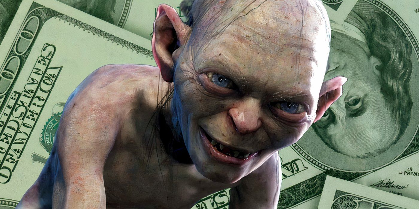 Gollum from The Lord of the Rings Smiling in Front of Money