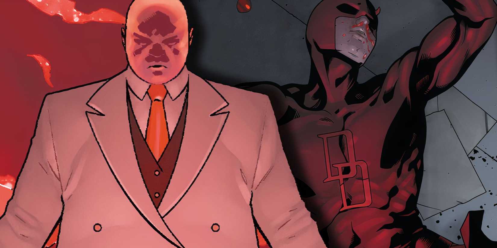 Comic book art: Powered-up Kingpin (left) and bloodied Daredevil (right) from Marvel Comics.