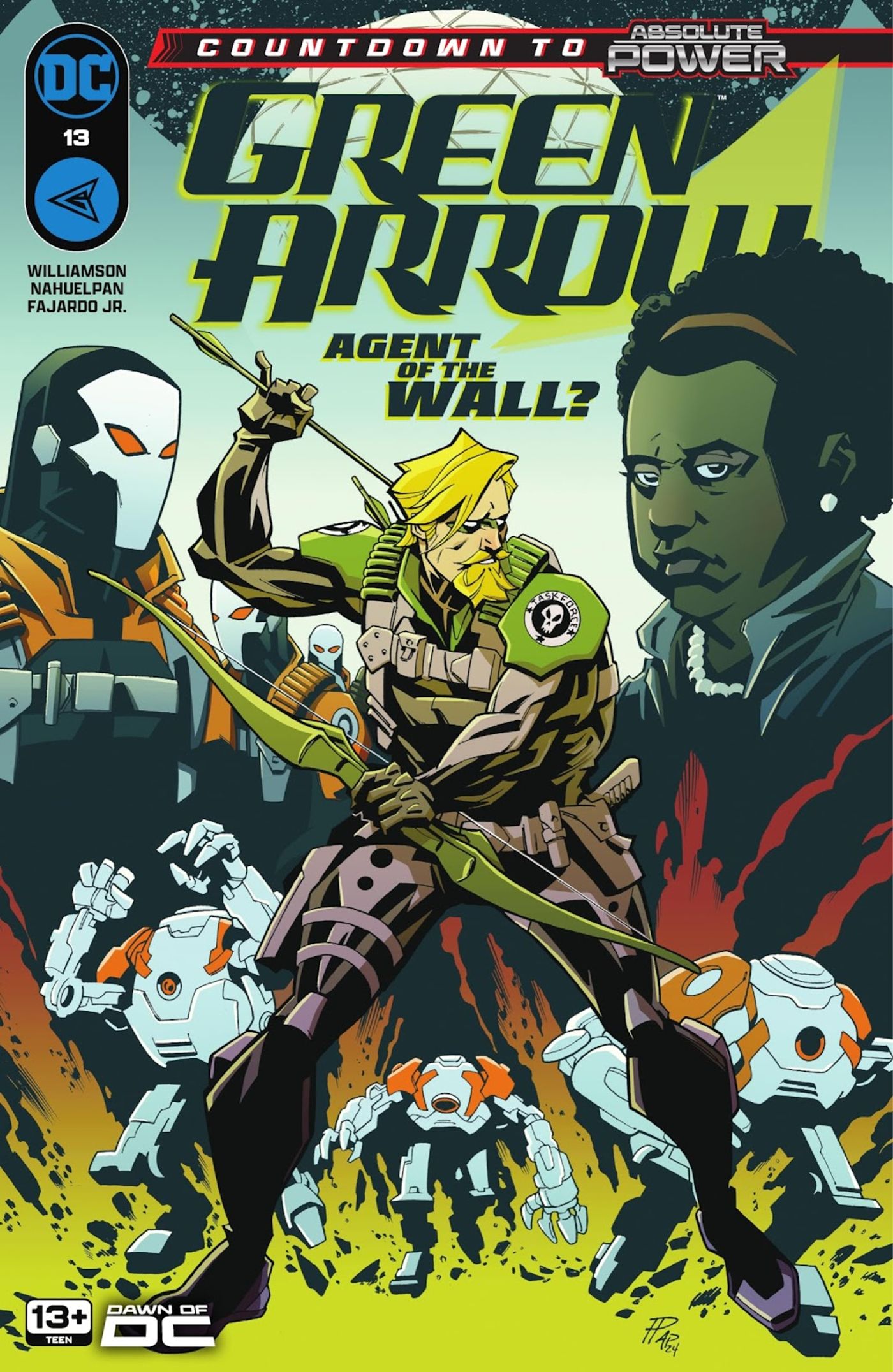 Portada de Green Arrow #13, Oliver Queen y Amanda Waller trabajan codo a codo.