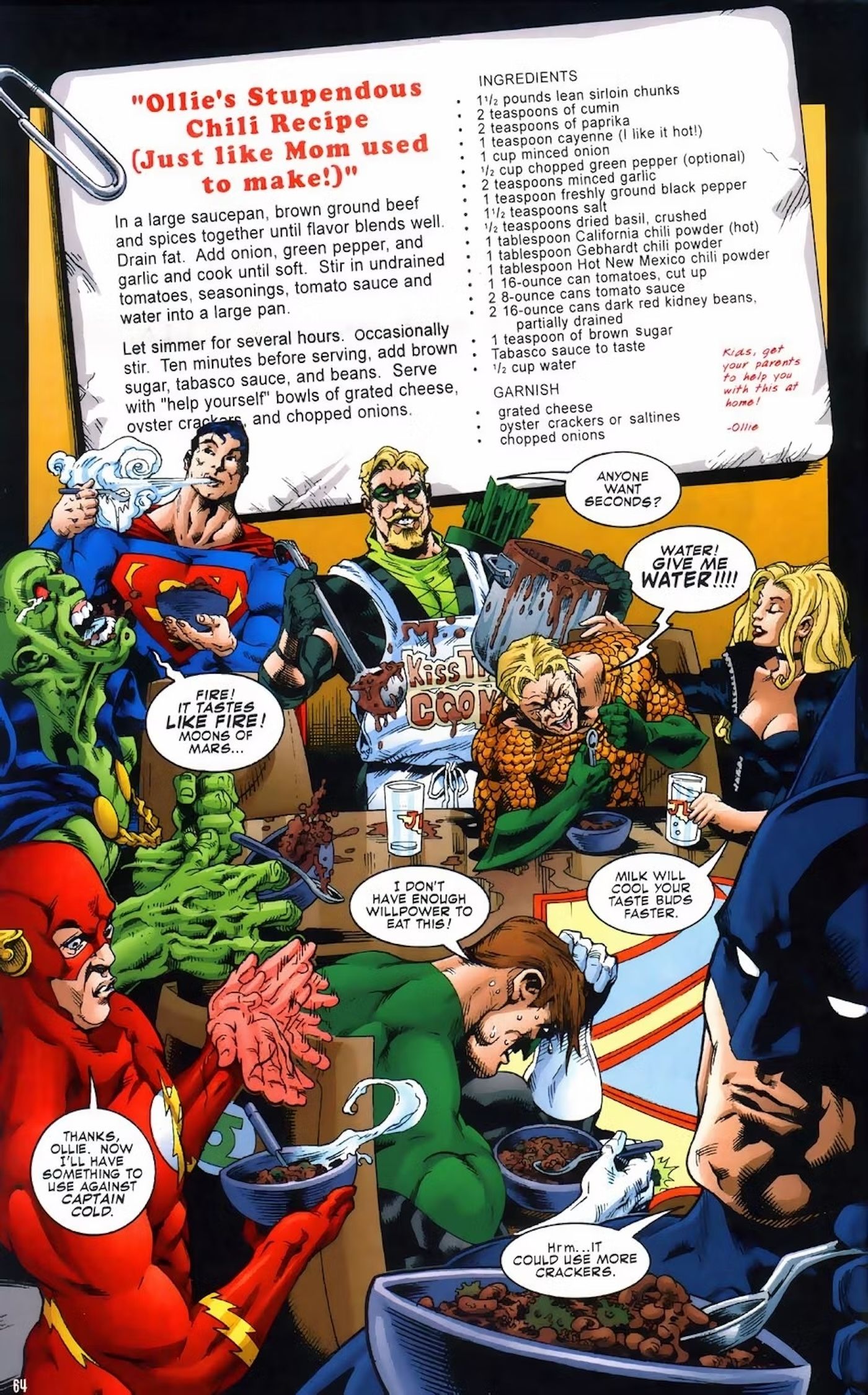 Comic book page: the Justice League try Green Arrow's chili. A recipe is included.