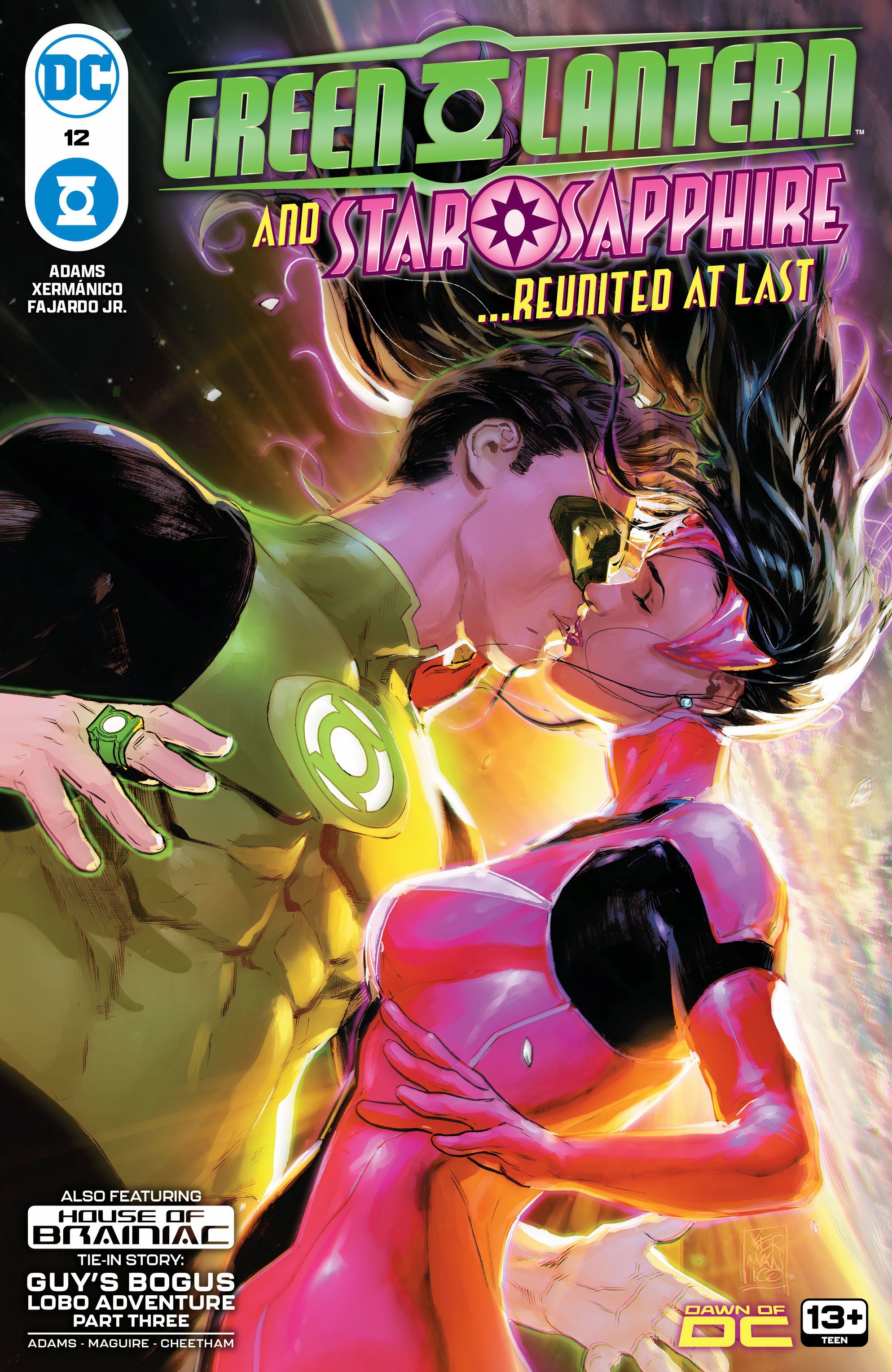 Green Lantern 12 Main Cover: Hal Jordan and Star Sapphire Carol Ferris kiss.