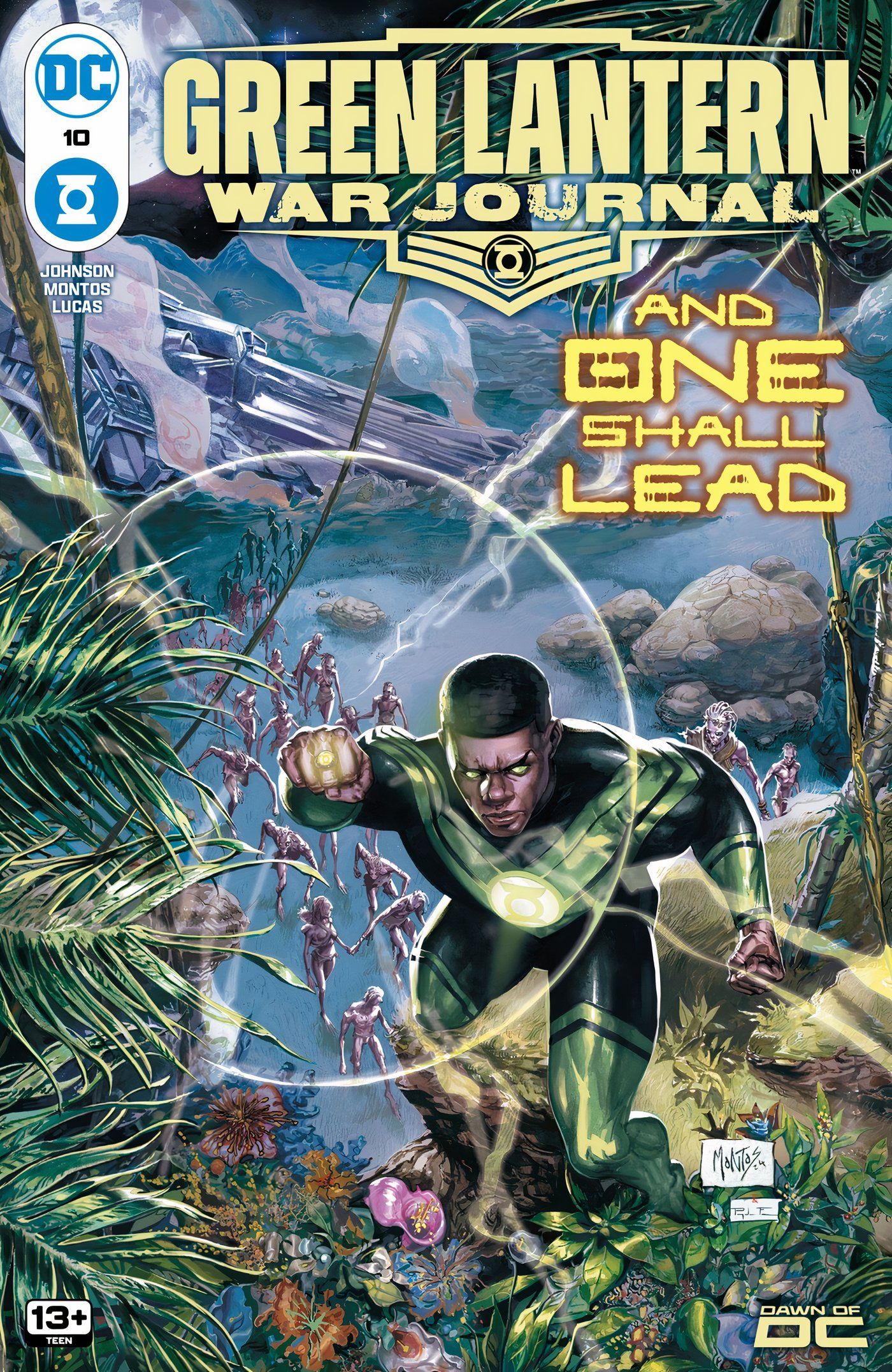 Green Lantern War Journal 10 Main Cover: John Stewart flying over an alien planet with flora.