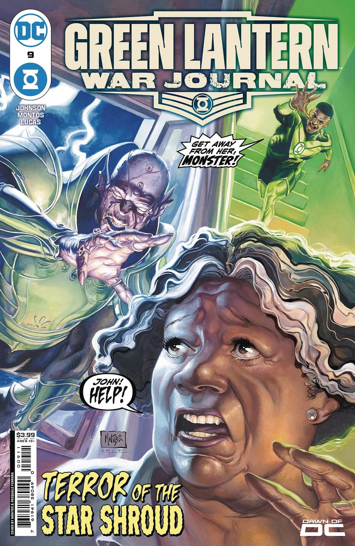 Green Lantern War Journal 9 Main Cover: John Stewart flies down stairs to save his mother from an alien.