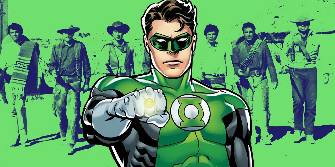 Image of cowboys in the background and Green Lantern Hal Jordan in the foreground.