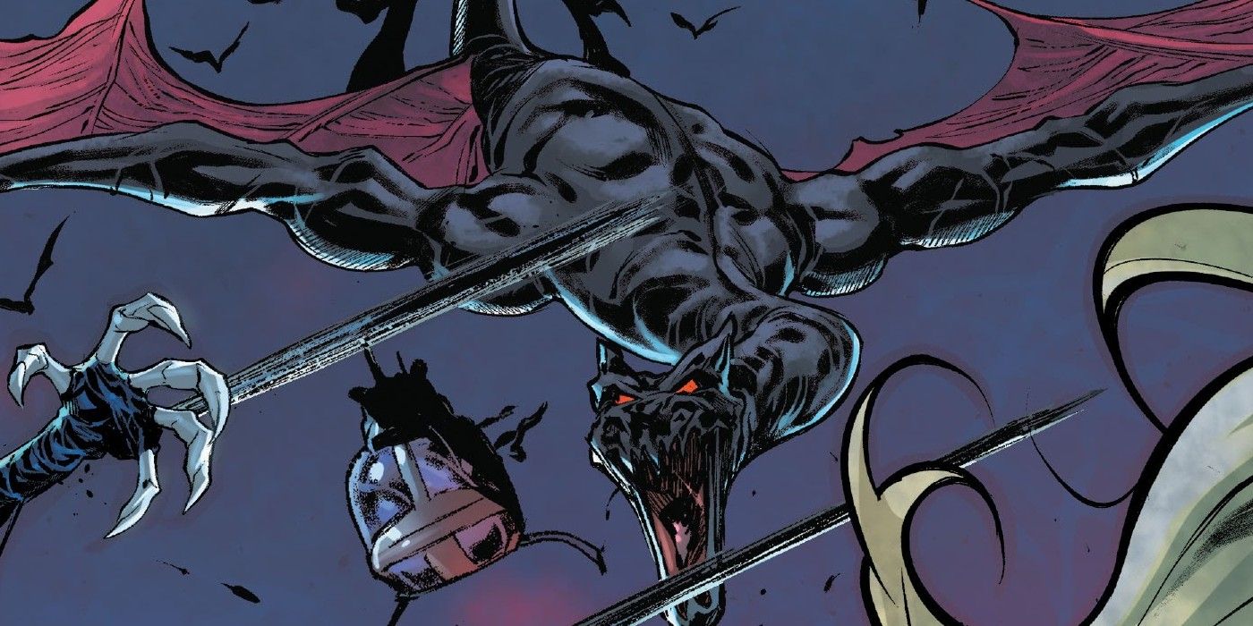 Grendel flies through the sky in a Marvel Comic