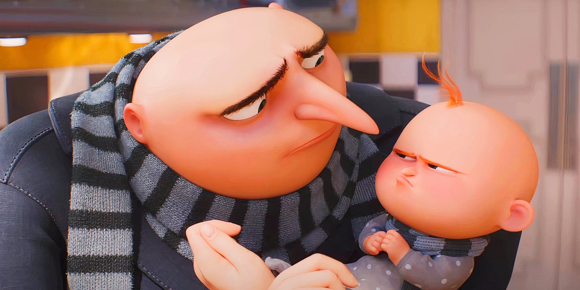 Gru holding his son Gru Jr., who glares at him, in Despicable Me 4