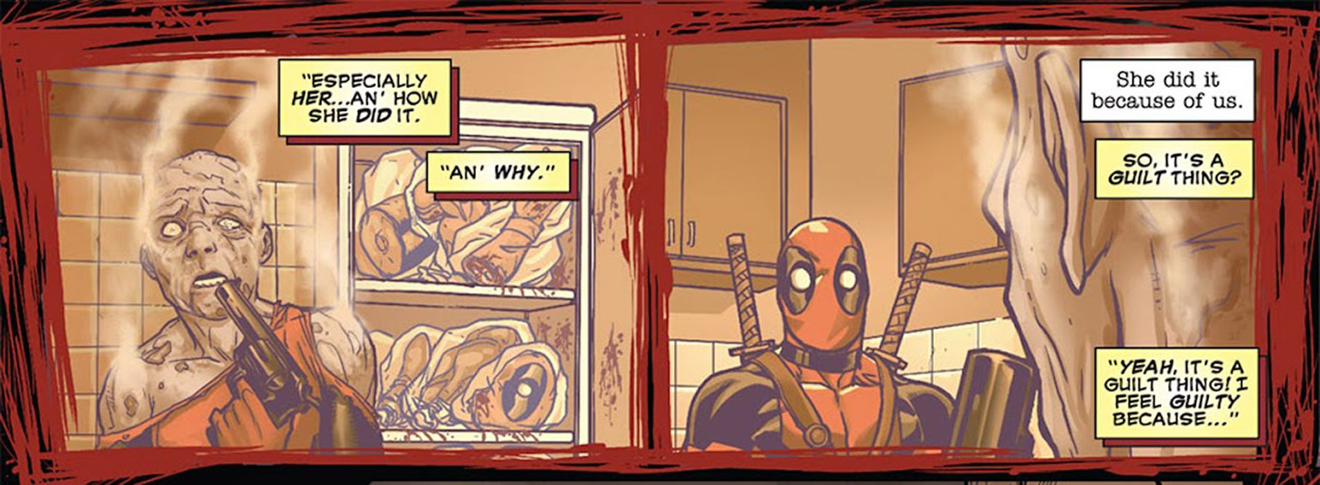 Panels from Deadpool (2008) #45 - Deadpool feels guilt about Dr. Whitby's suicide.