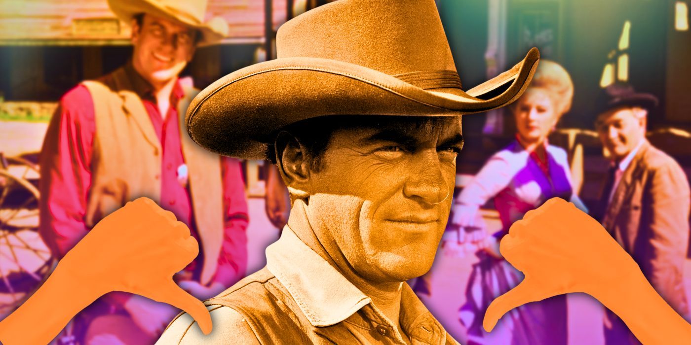 Gunsmoke's James Arness standing with a graphic of two thumbs down
