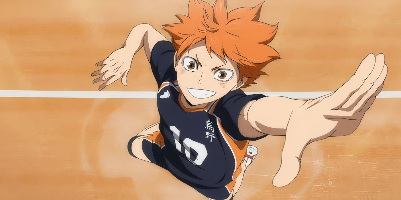 Shouyou Hinata grinning as he leaps up towards the camera in Haikyuu