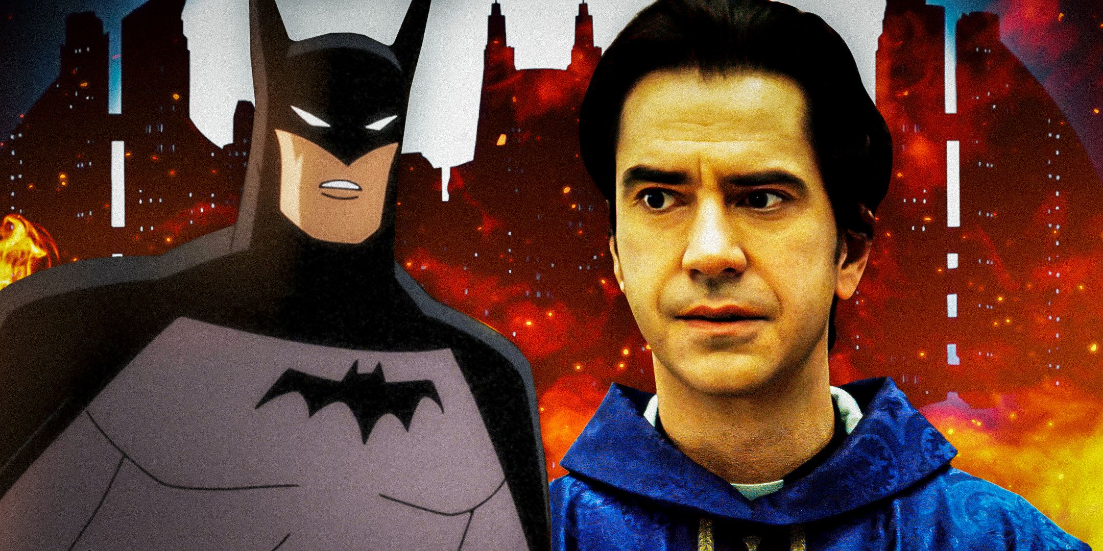 Hamish Linklater as Father Paul from Midnight Mass and Batman from Batman Caped Crusader