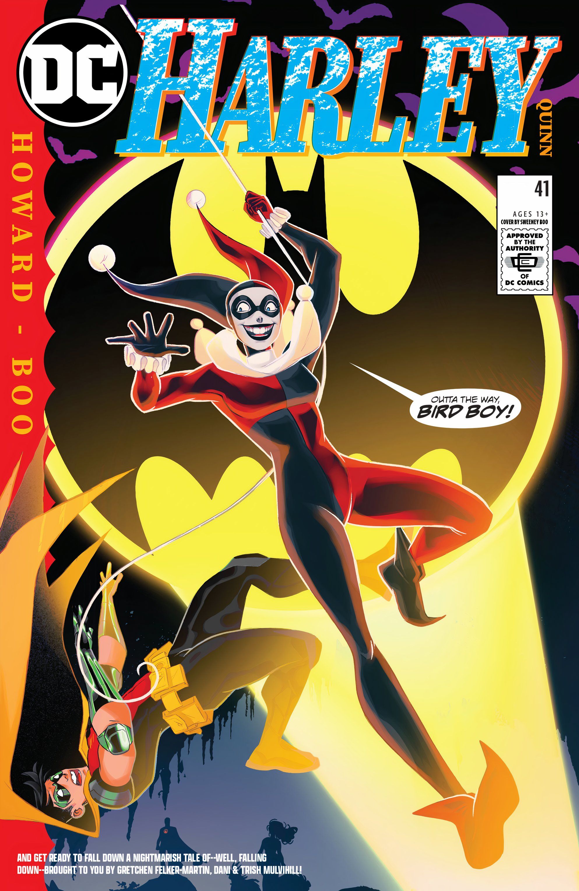 Harley Quinn 41 Main Cover: Harley Quinn leaping in front of the Bat-Symbol, knocking over Robin Tim Drake.