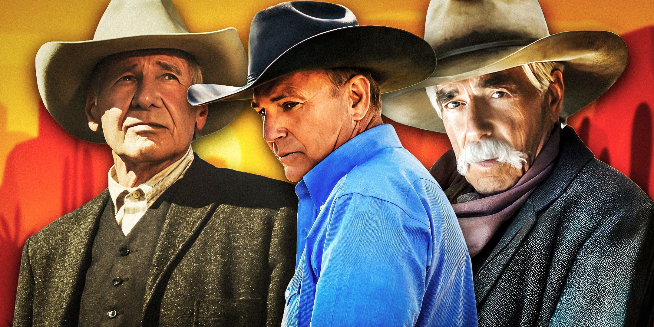 (Harrison Ford as Jacob Dutton) from 1923, (Sam Elliott as Shea Brennan) from 1883 and (Kevin Costner as John Dutton) from Yellowstone