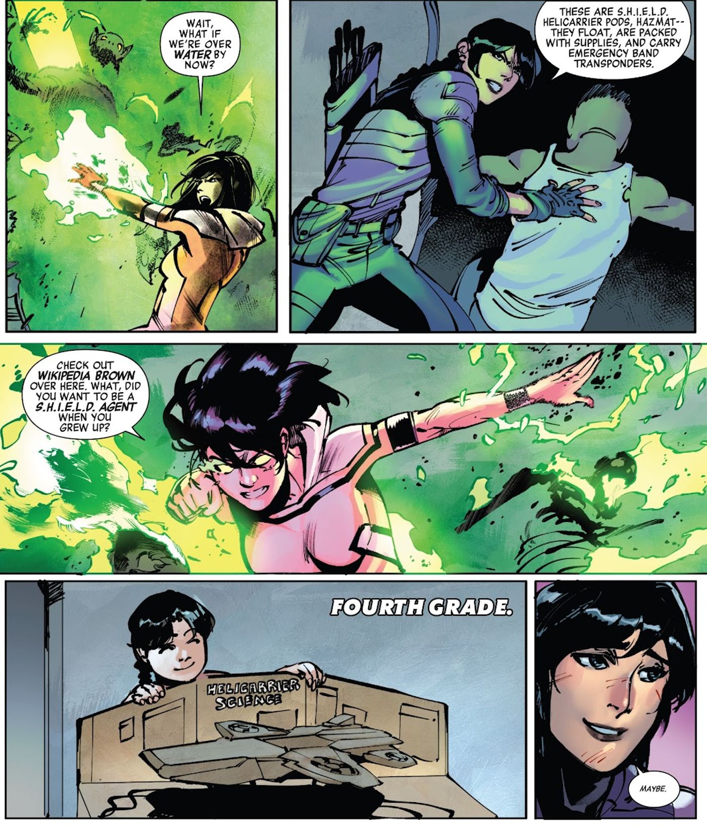 Hazmat blasts vampires (top). Flashback of Kate Bishop as a young child with a SHIELD hellicarrier toy (bottom). 