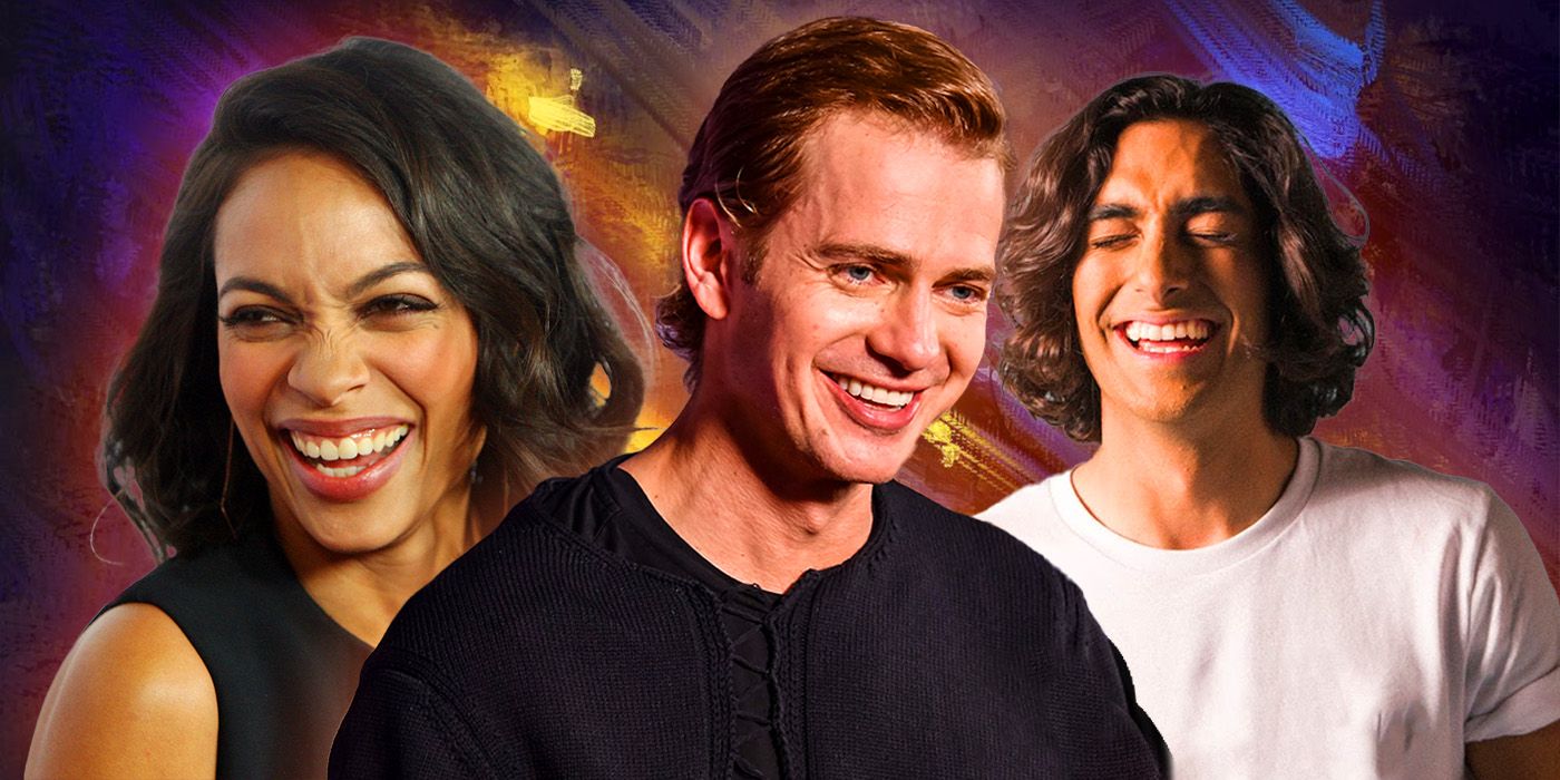 A combined image showing Hayden Christensen, Eman Esfandi, and Rosario Dawson all laughing in front of a vibrant background