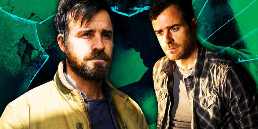 Justin Theroux as Kevin Garvey in The Leftovers with a glass cracked background