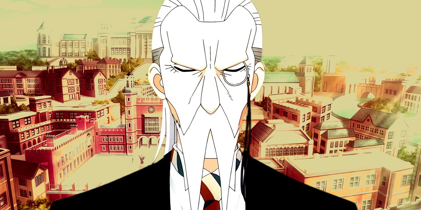 Henry Henderson can be seen with his eyes closed and a solemn look. He is standing in front of Eden Academy