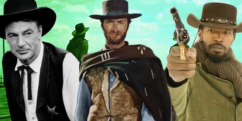 Collage of Gary Cooper in High Noon, Clint Eastwood in The Good the Bad and the Ugly and Jamie Foxx in Django Unchained