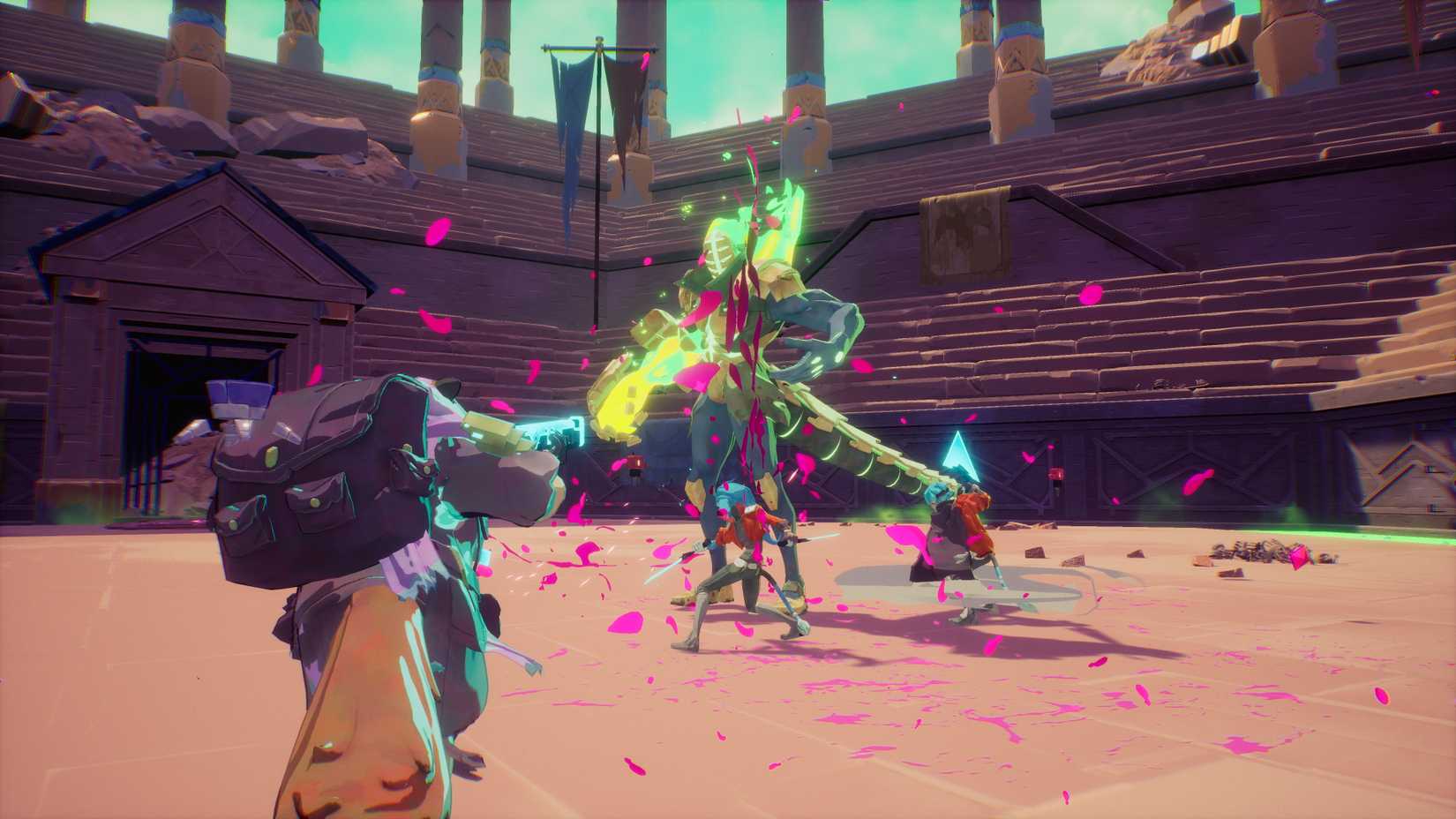 Hyper Light Breaker Exus boss in an arena, they are giant and glowing green.