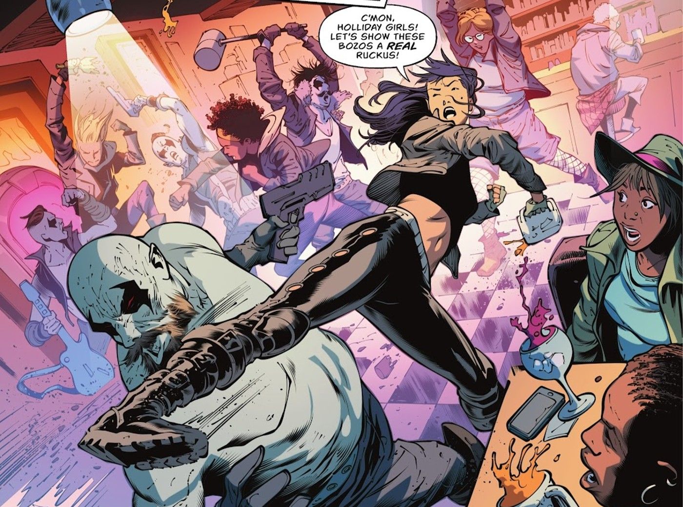 Comic book panel: the Holliday Girls fight Czarnians in a bar.