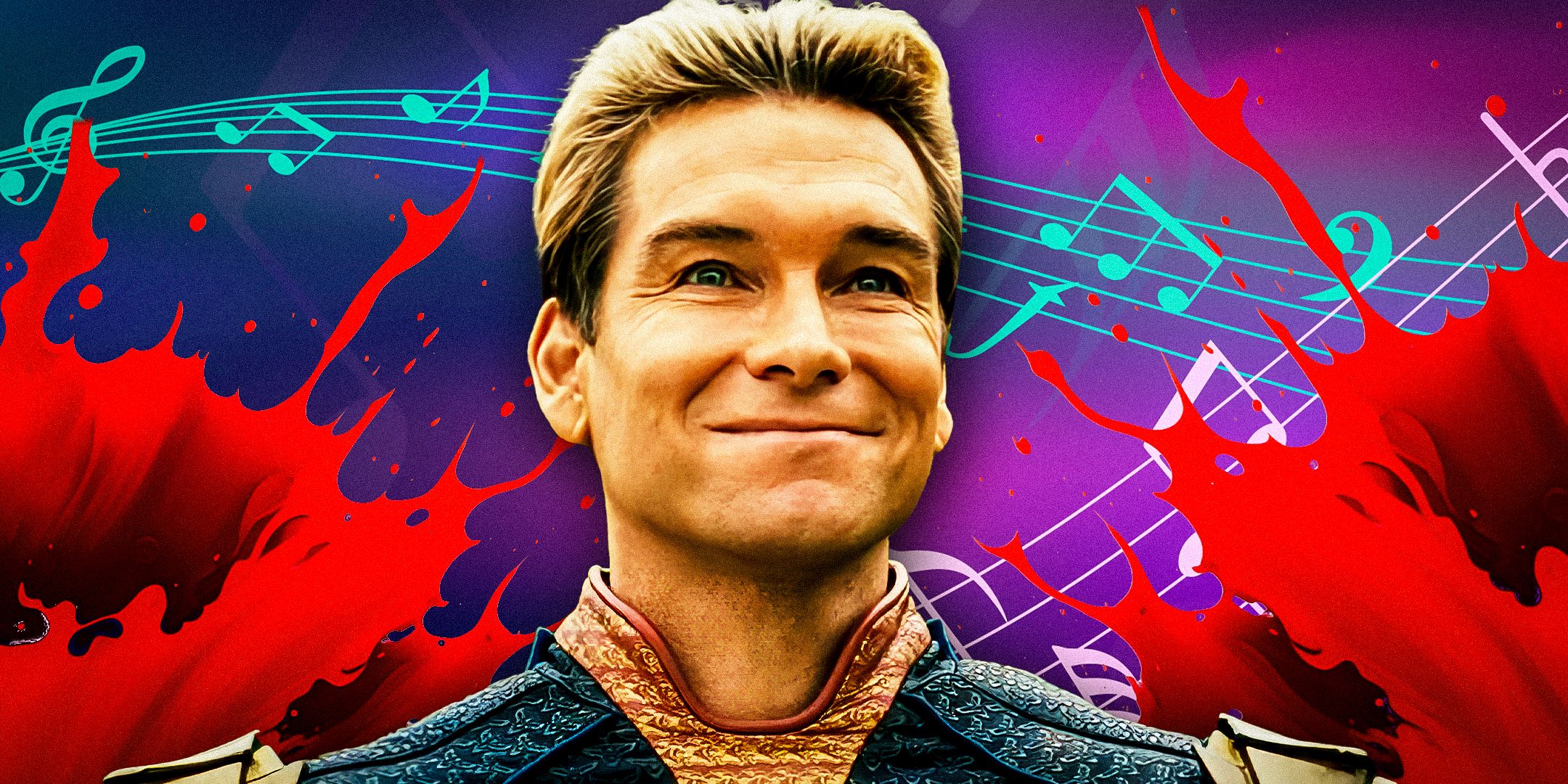 Antony Starr as Homelander smiling in The Boys with a purple background, blood splatters, and music notes