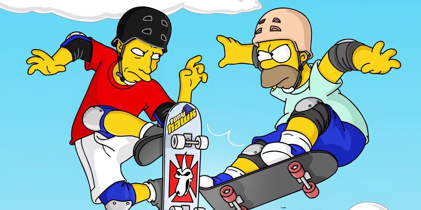 Homer e Tony Hawk lutando contra skates em Os Simpsons na temporada 14, episódio 11, “Barting Over”