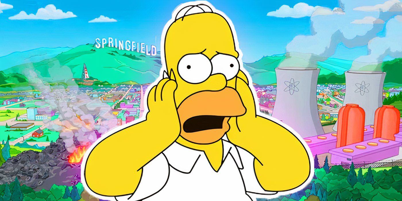 Homer looking horrified over an image of Springfield from The Simpsons
