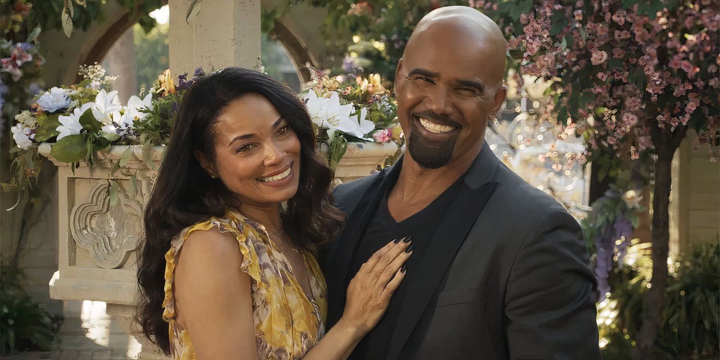 Hondo and Nichelle dressed up and standing outside, with her hand on his chest, in a scene from SWAT