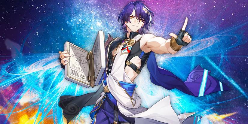 Dr Ratio from Honkai Star Rail holding a book and doing a sign with his fingers