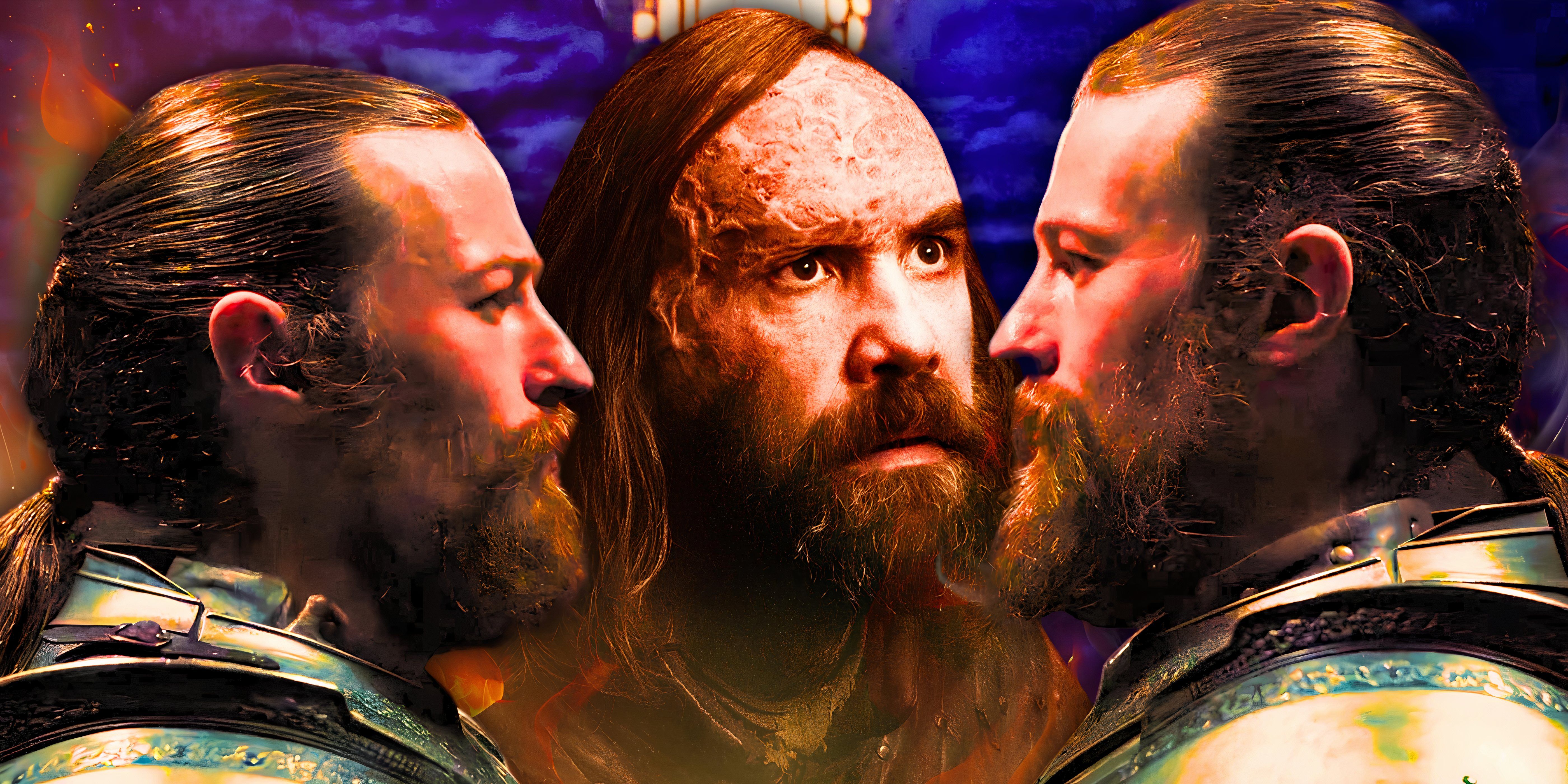 Elliot and Luke Tittensor as Erryk and Arryk Cargyll from House of the Dragon (2022) either side of Rory McCann as The Hound from Game of Thrones (2011)