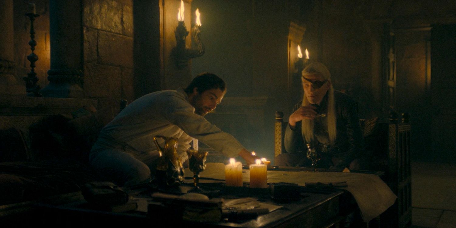 Ser Criston Cole (Fabien Frankel) and Aemond Targaryen (Ewan Mitchell) making battle plans in House of the Dragon season 2 episode 1