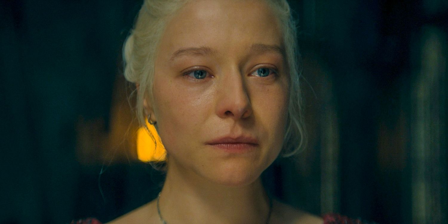 Rhaenyra Targaryen (Emma D'Arcy) holding back tears in House of the Dragon season 2  episode 2