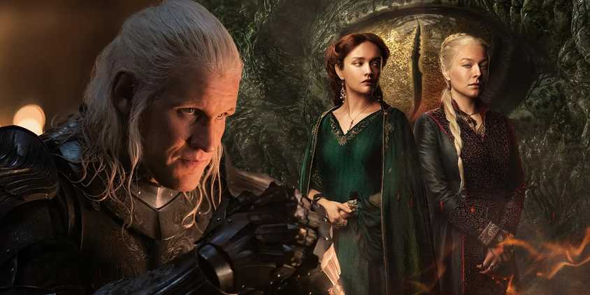 A composite image of Matt Smith in full armor looking devious in front of Emma D'Arcy and Olvia Cooke standing back to back in front of a Dragon's eye in House of the Dragon