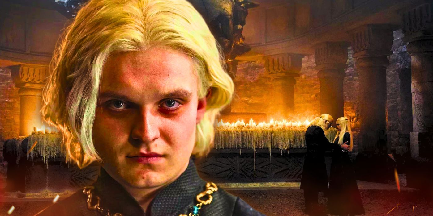 Tom Glynn-Carney jako król Aegon II Targaryen patrzący w kamerę z Paddy Considine jako Viserys rozmawiający z Milly Alcock jako młodą Rhaenyrą w Domu Smoka