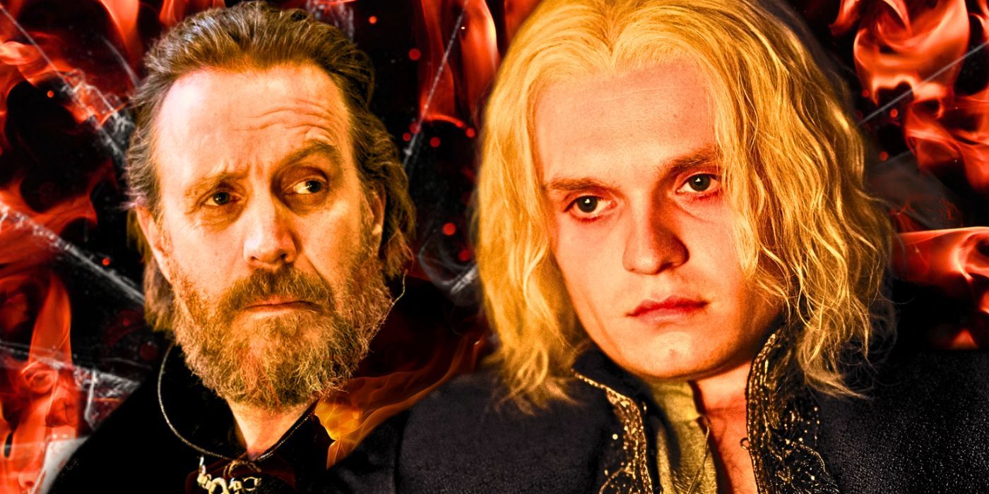 Rhys Ifans as Otto Hightower and Tom Glynn-Carney as King Aegon II Targaryen in House of the Dragon with a fiery background