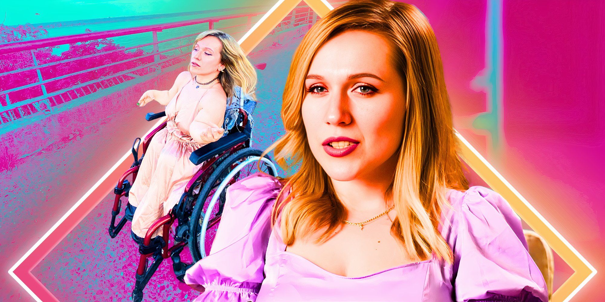 Alina Kozhevnikova 90 Day Fiancé wearing purple top and talking during confessional with photo of her in a wheelchair behind her