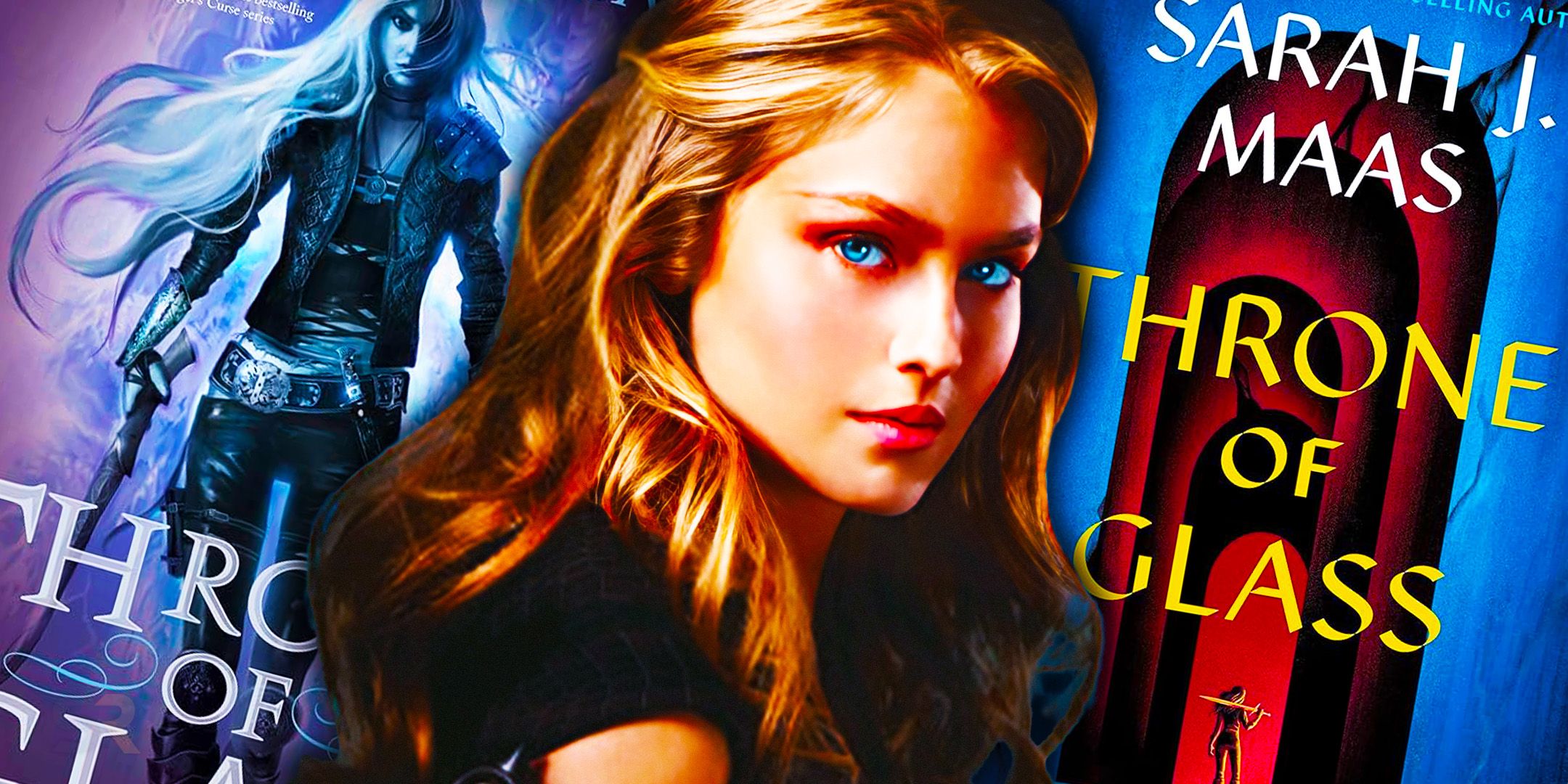 Three Throne of Glass covers featuring a full-body image of Celaena, a close-up image, and Celaena in the palace