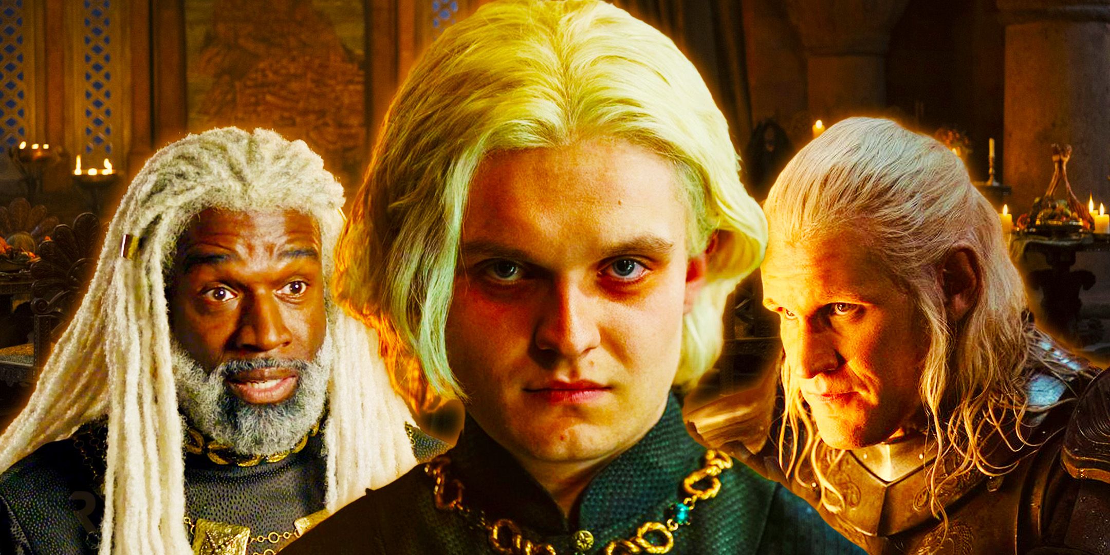 Corlys Velaryon, Aegon II, and Aemond Targaryen from House of the Dragon