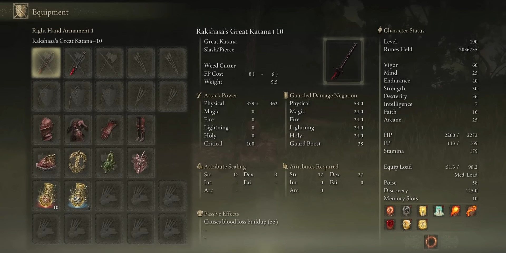The menu of stats for a Rakshasa's Great Katana at level 10 in Elden Ring
