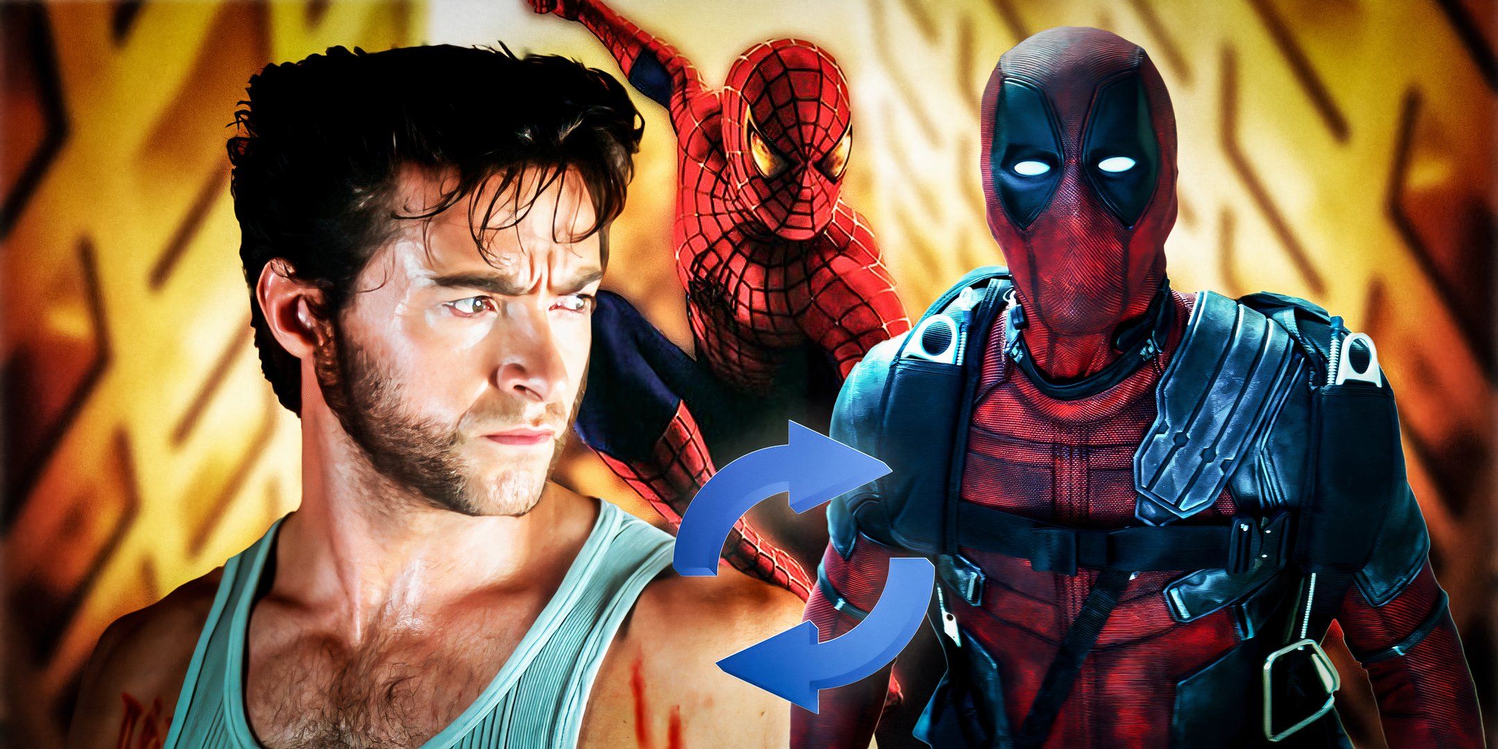 Hugh-Jackman as-Logan/Wolverine from X2, spider-man from Raimi's Spider-man, and Deadpool from Deadpool 2