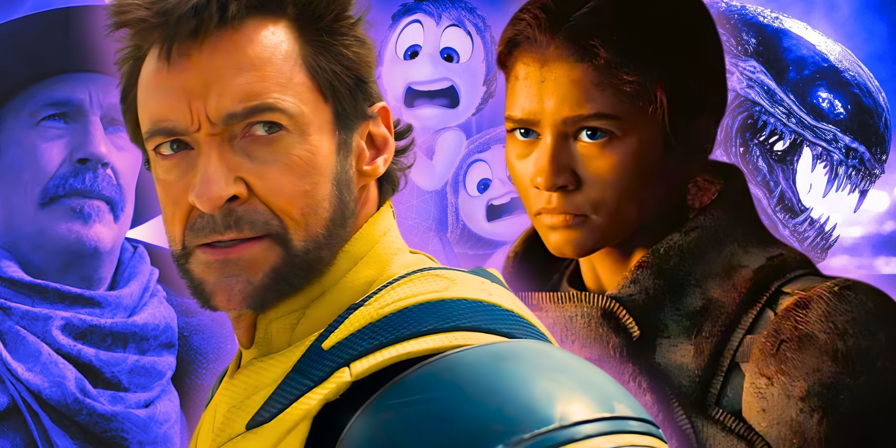 Hugh Jackman as Wolverine from Wolverine and Deadpool and Zendaya as Chani from Dune 2 with still from Horizon, Inside Out 2 and Alien - Romulus in the background