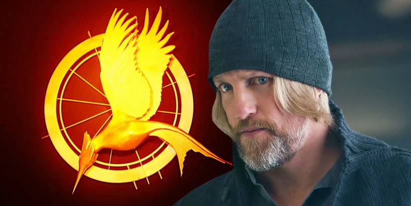 A composite image of Hamish Abernathy looking suspiciously in front of the Hunger Games Logo