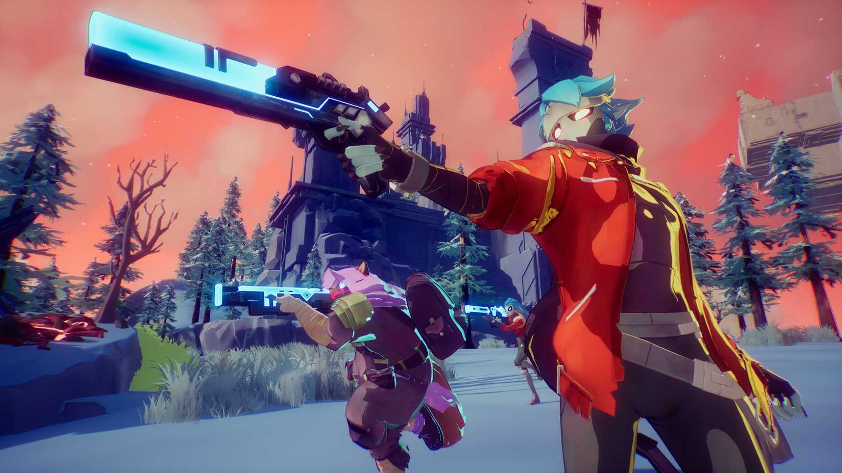 2 Hyper Light Breaker characters pointing guns that glow blue and look very futuristic at an unknown threat.