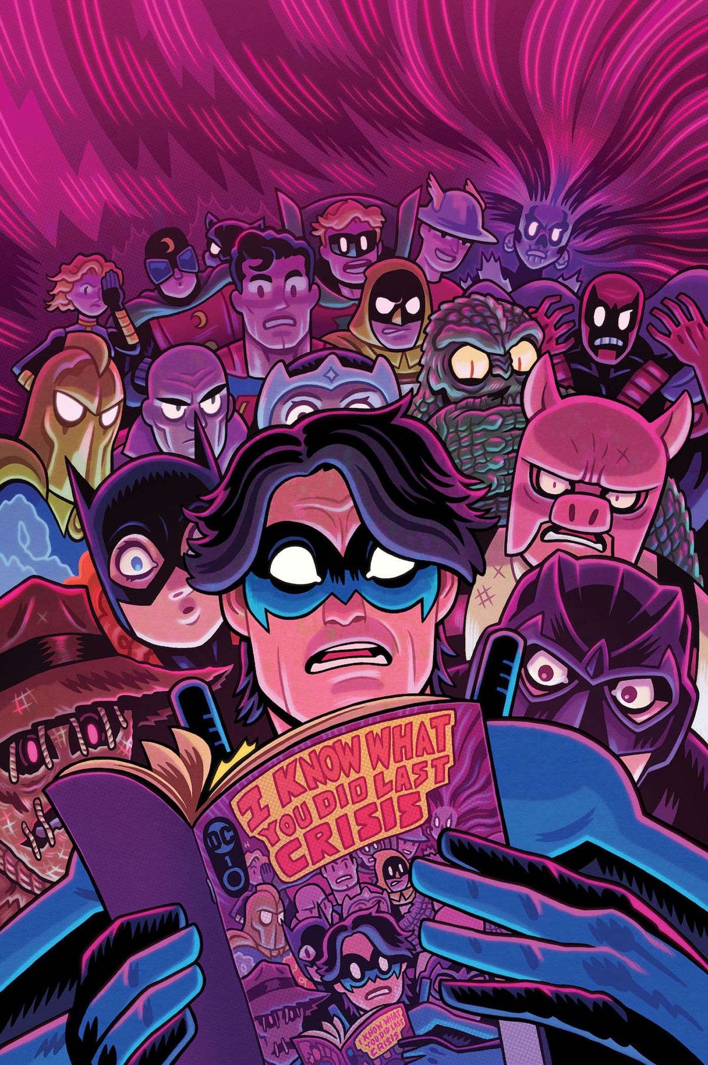Um grupo de heróis e vilões da DC parece horrorizado com uma revista em quadrinhos de Asa Noturna, que apresenta uma capa mostrando exatamente a mesma formação deles.