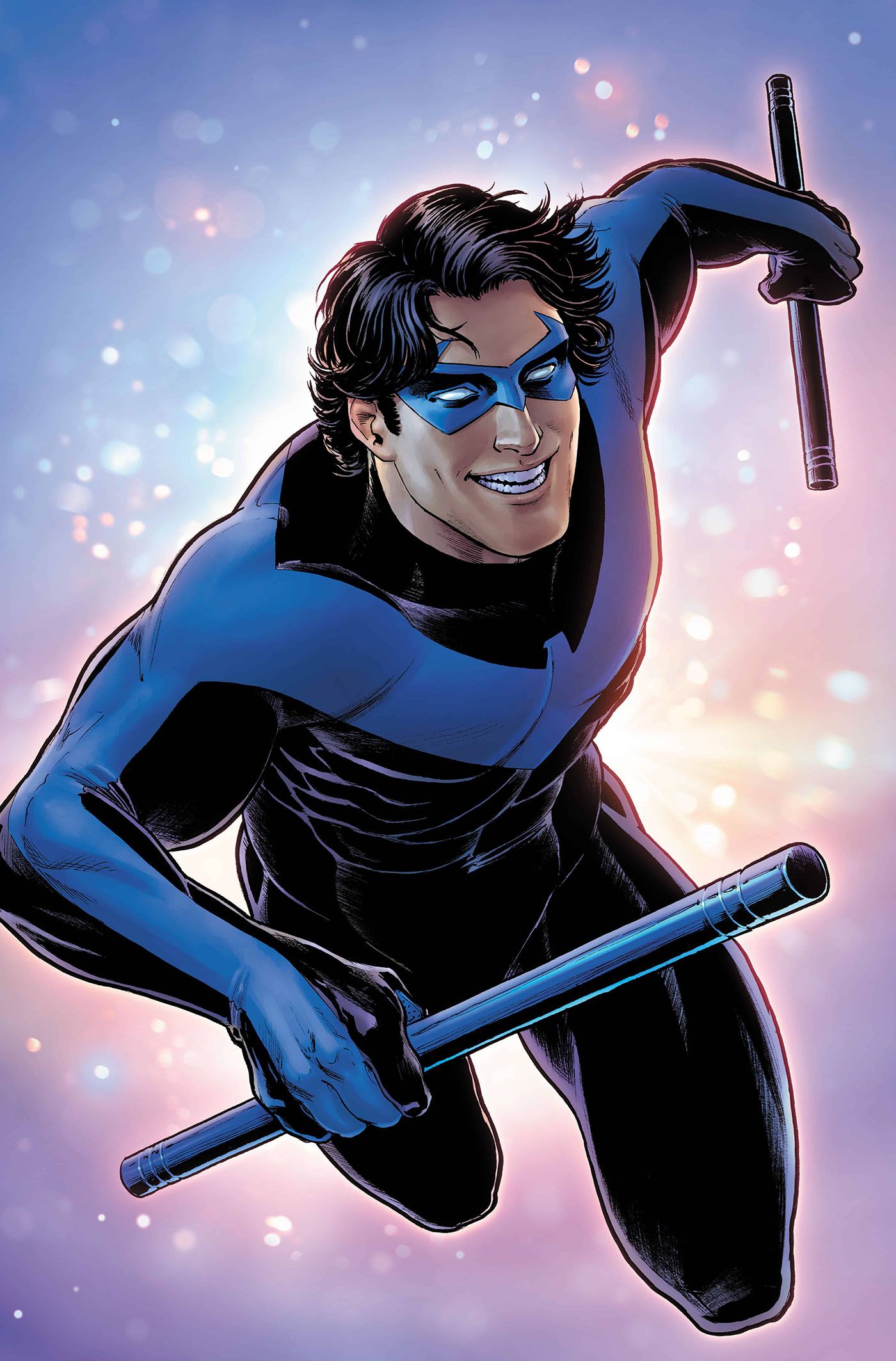 Eu sei o que você fez na última crise da DC, capa variante de Scott: Um Asa Noturna sorridente salta em direção ao espectador com bastões de escrima.