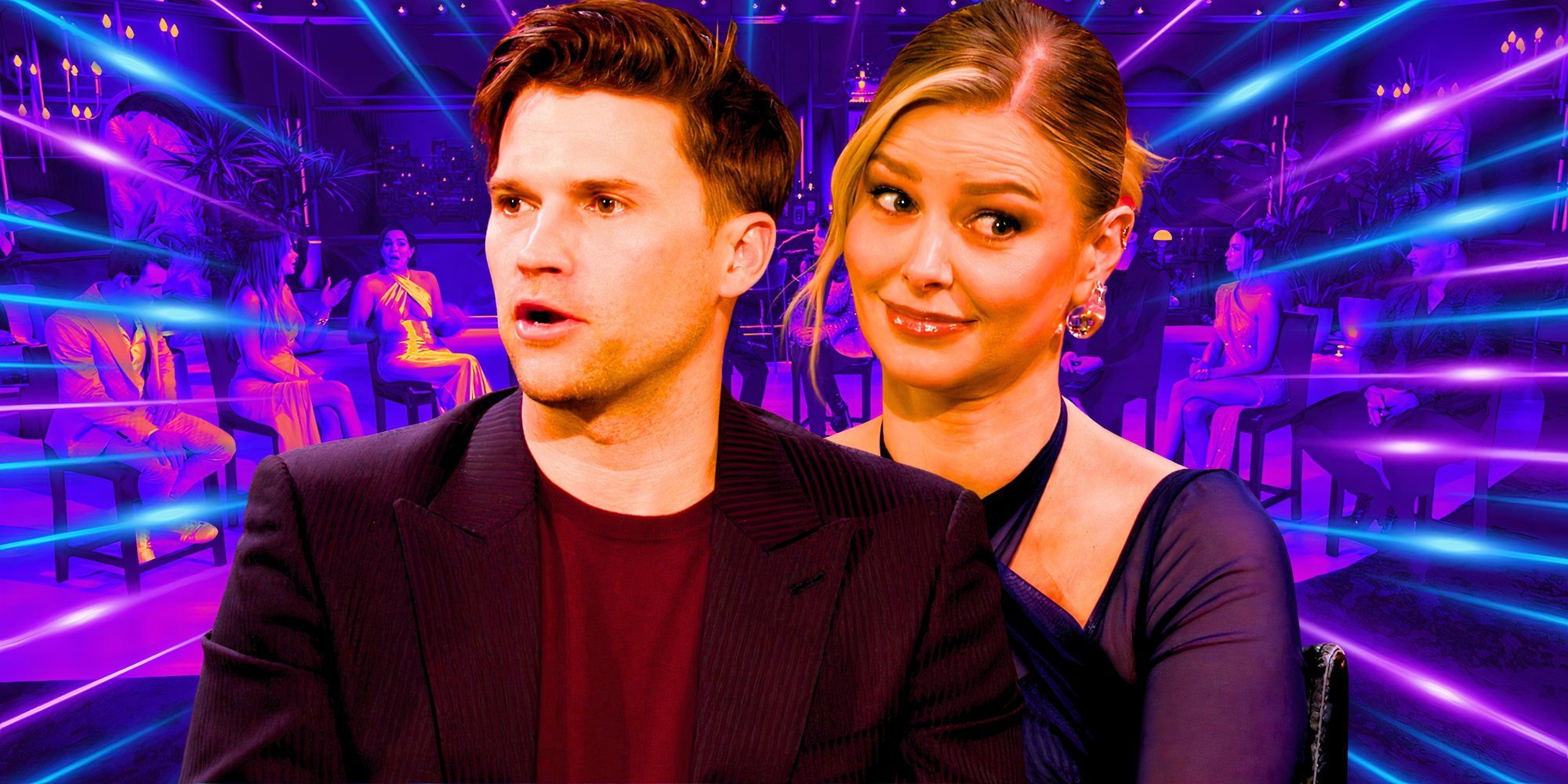 up close image of tom schwartz and ariana at the vanderpump rules season 11 reunion with the cast in the background
