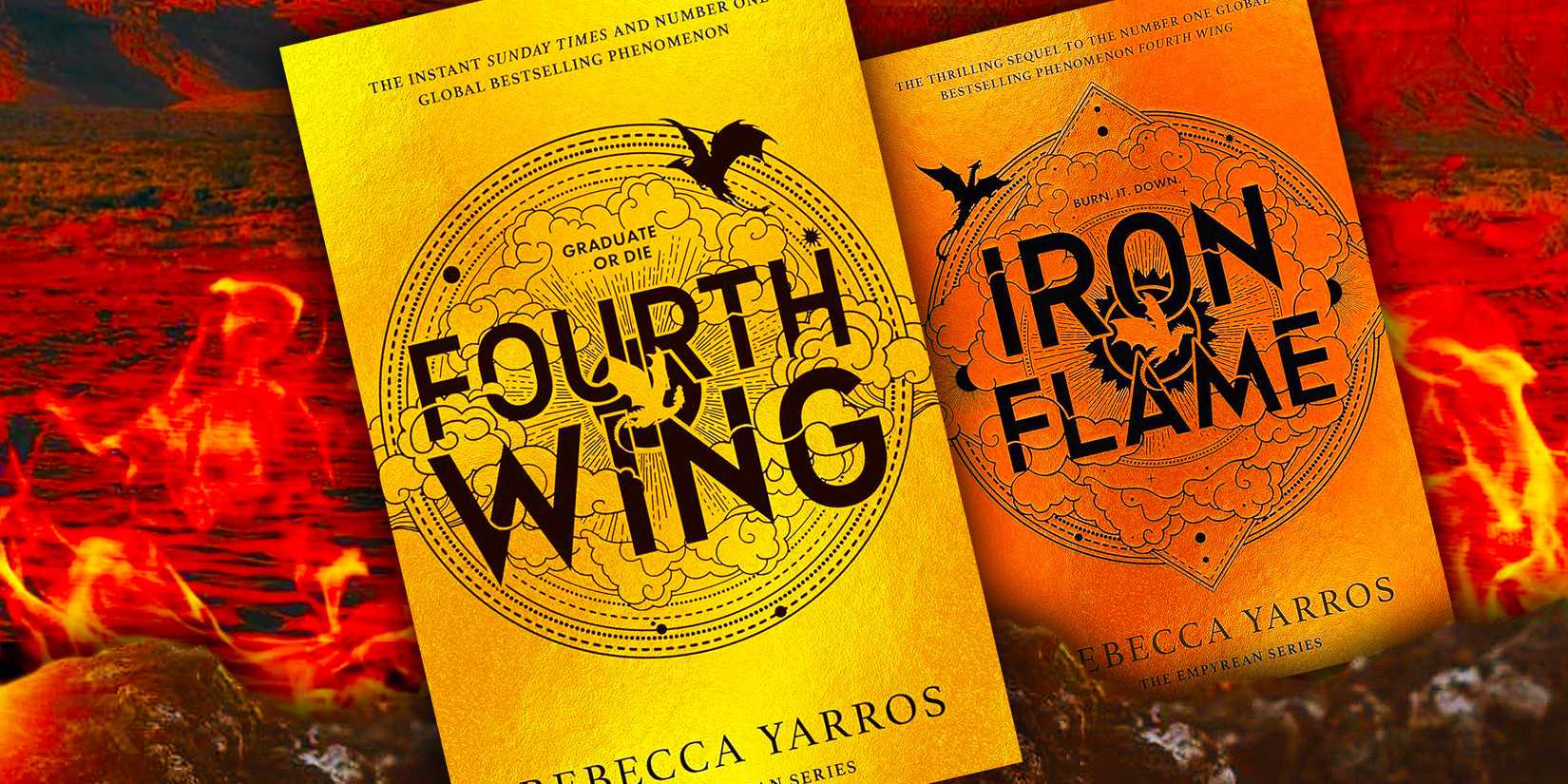 Fourth Wing and Iron Flame book covers against a fiery background