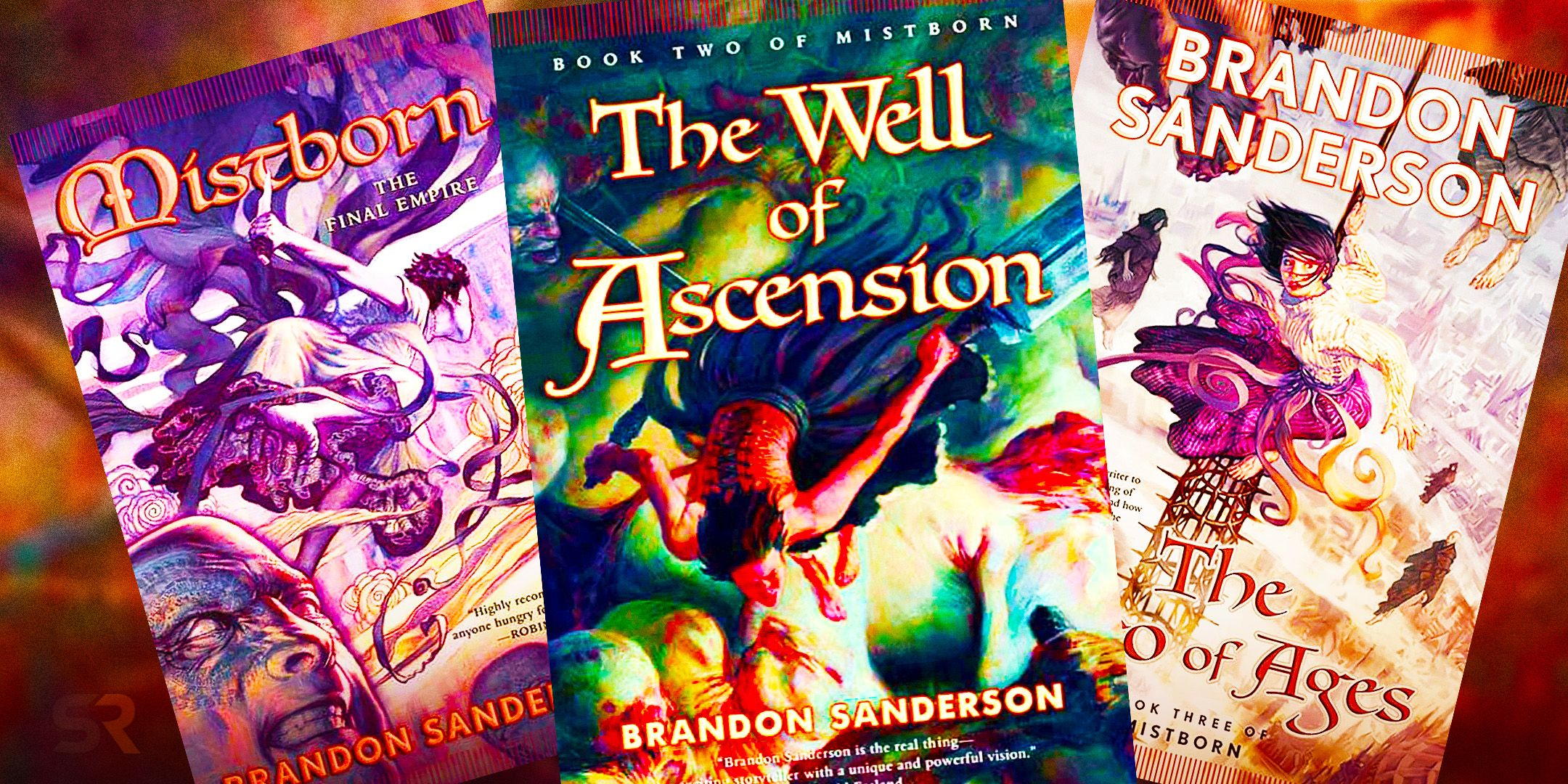 As capas da trilogia Mistborn original: The Final Empire, The Well of Ascension e The Hero of Ages