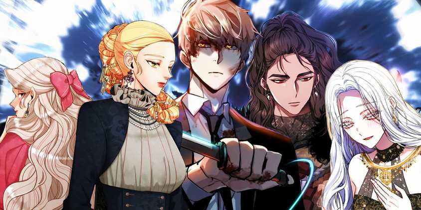 Ijin from Teenage Mercenary holding a knife in the center, navier and rashta from the remarried empress to the left and hakan and lucina from the dragon king's bride to the right