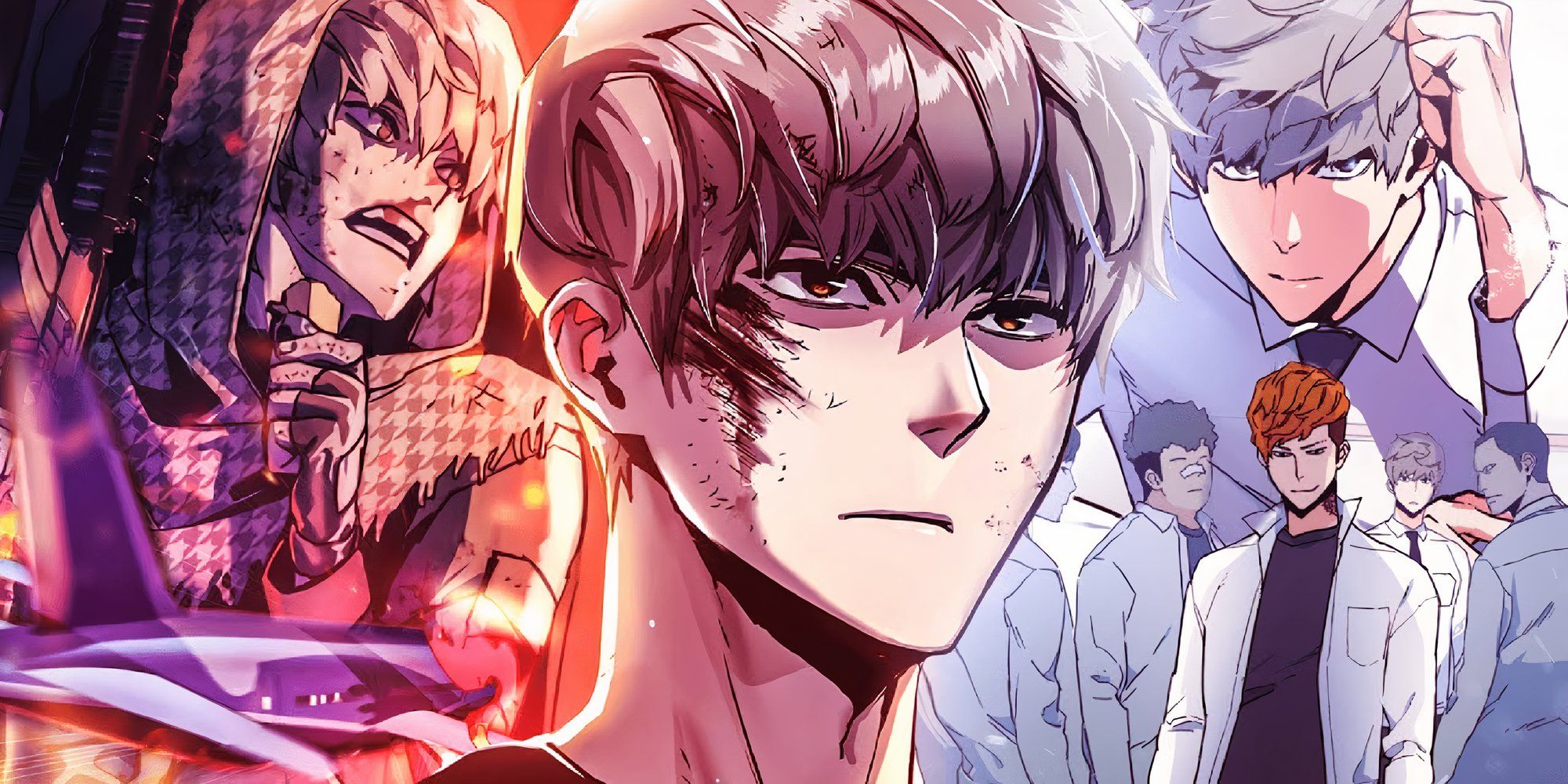 Ijin from teenage mercenary staring off into the distance with blood smeared on his cheek with stills from the manhwa on either side of him in the background